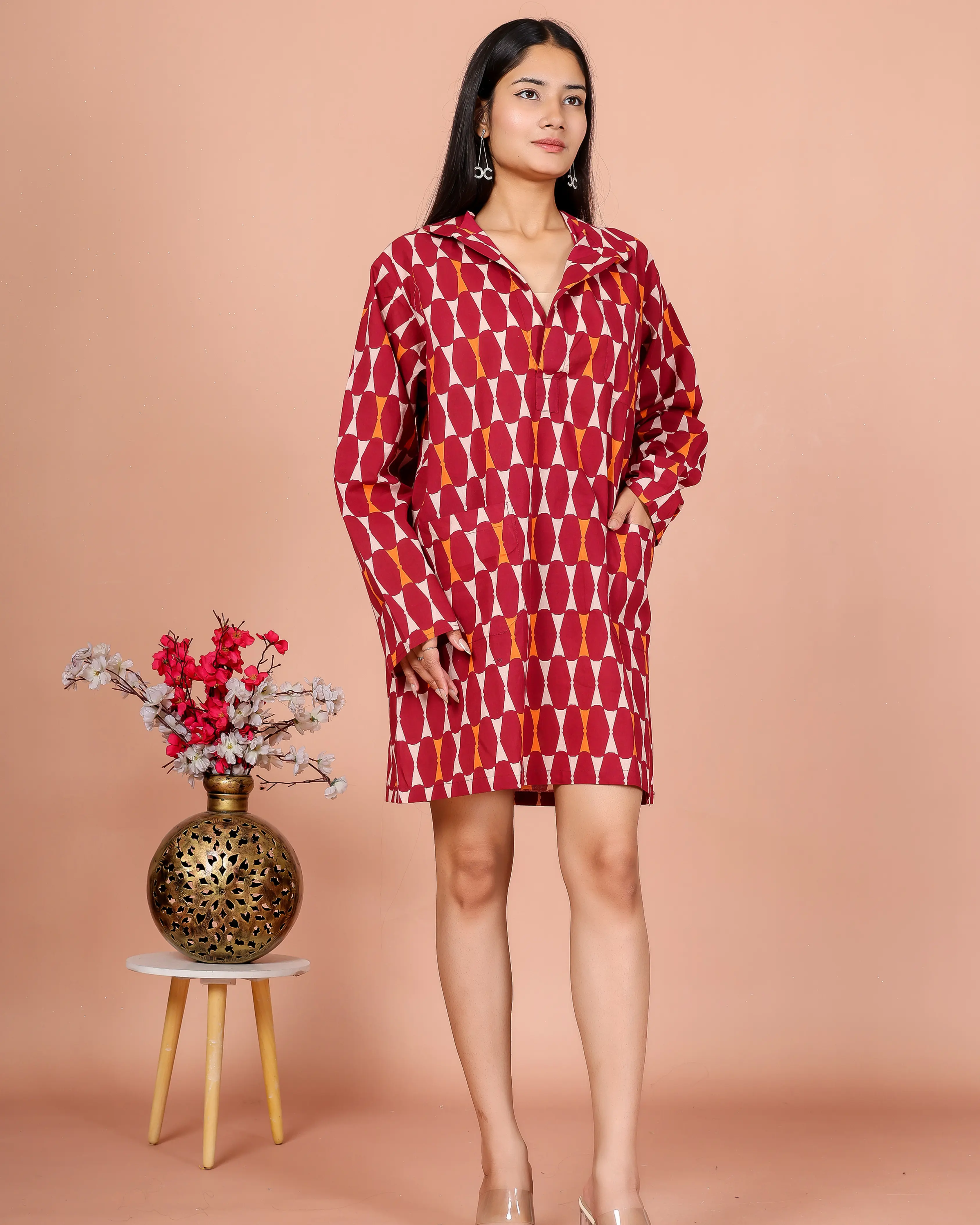 Maroon Abstract Printed Mini Shirt Dress for Women