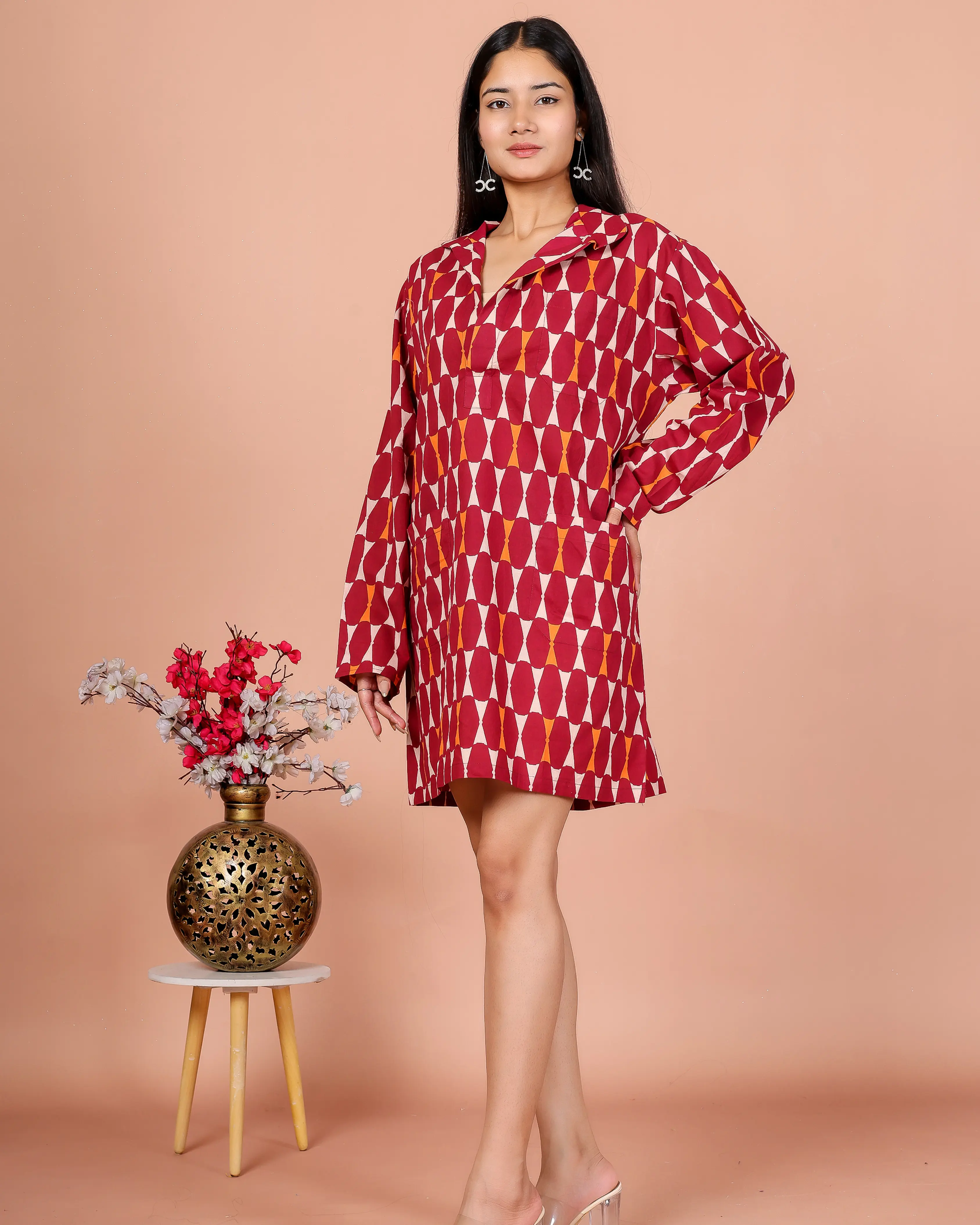 Maroon Abstract Printed Mini Shirt Dress for Women