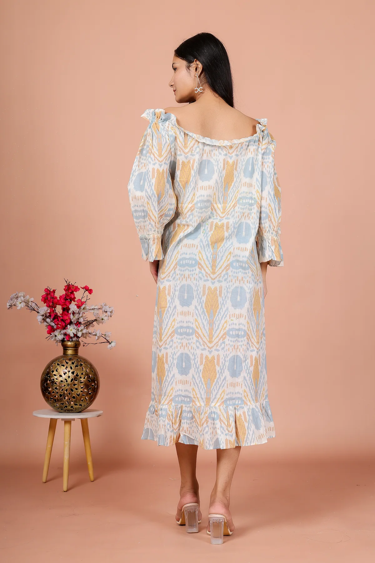 The Pastel Muse – Abstract Printed Ruffle Hem Midi Dress