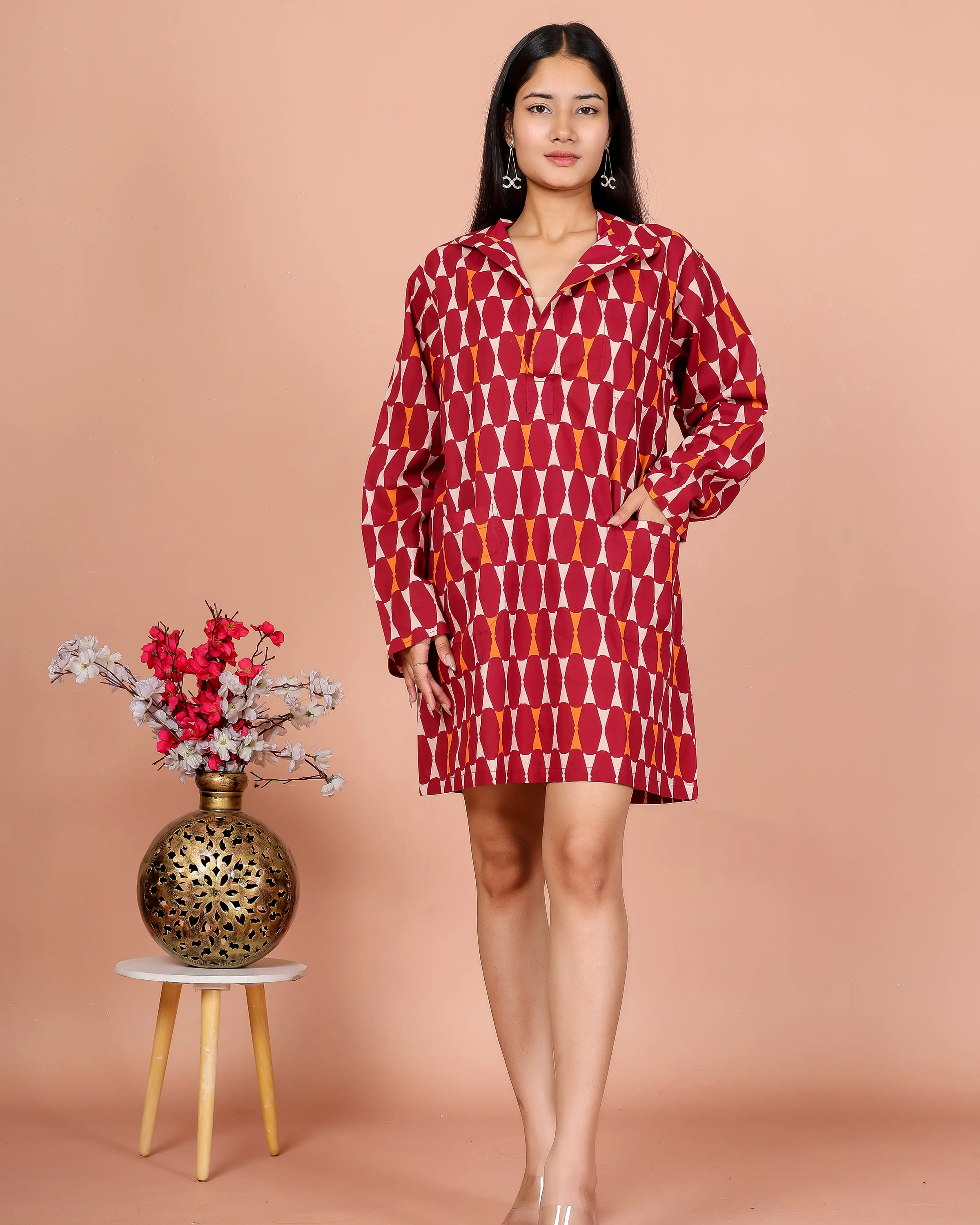 Maroon Abstract Printed Mini Shirt Dress for Women
