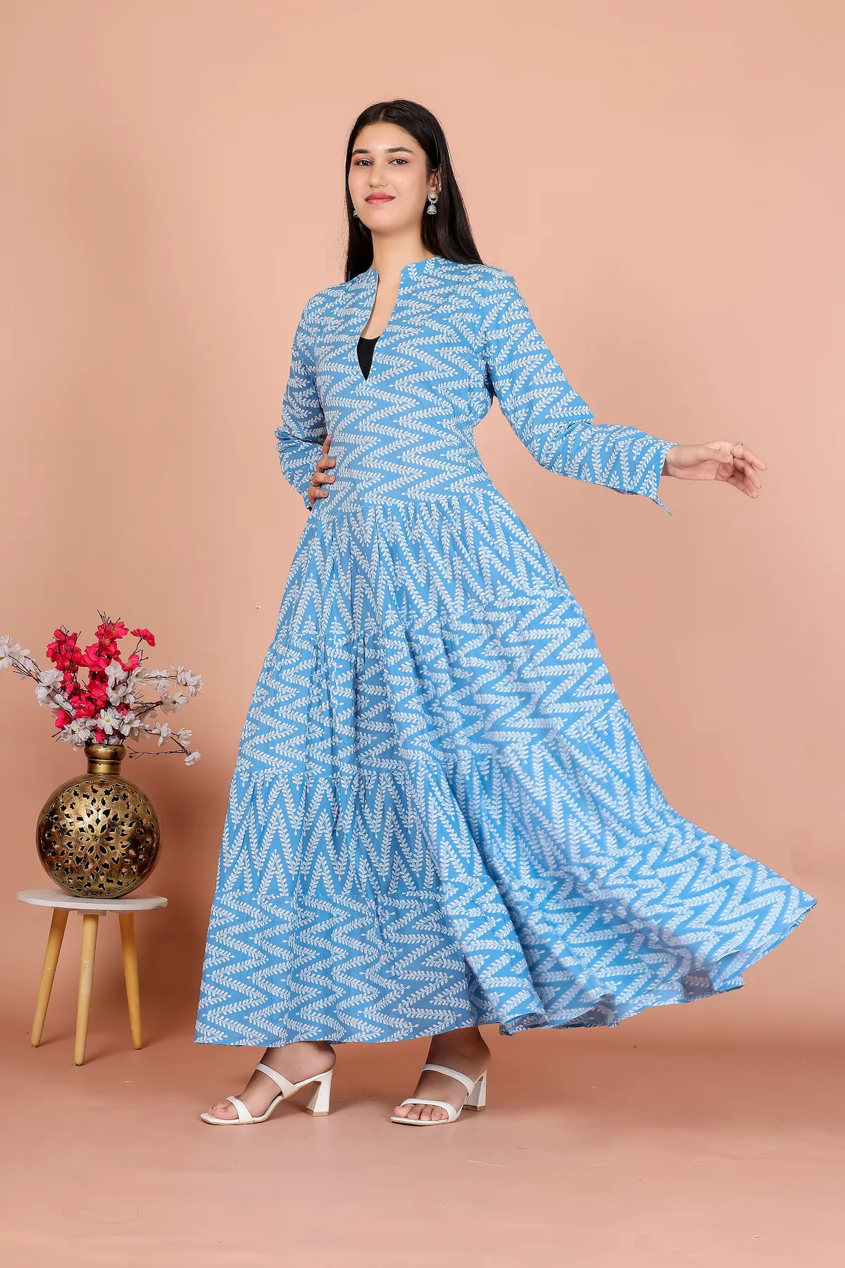 Sky Blue Chevron Zig-Zag Print Empire-Line Dress