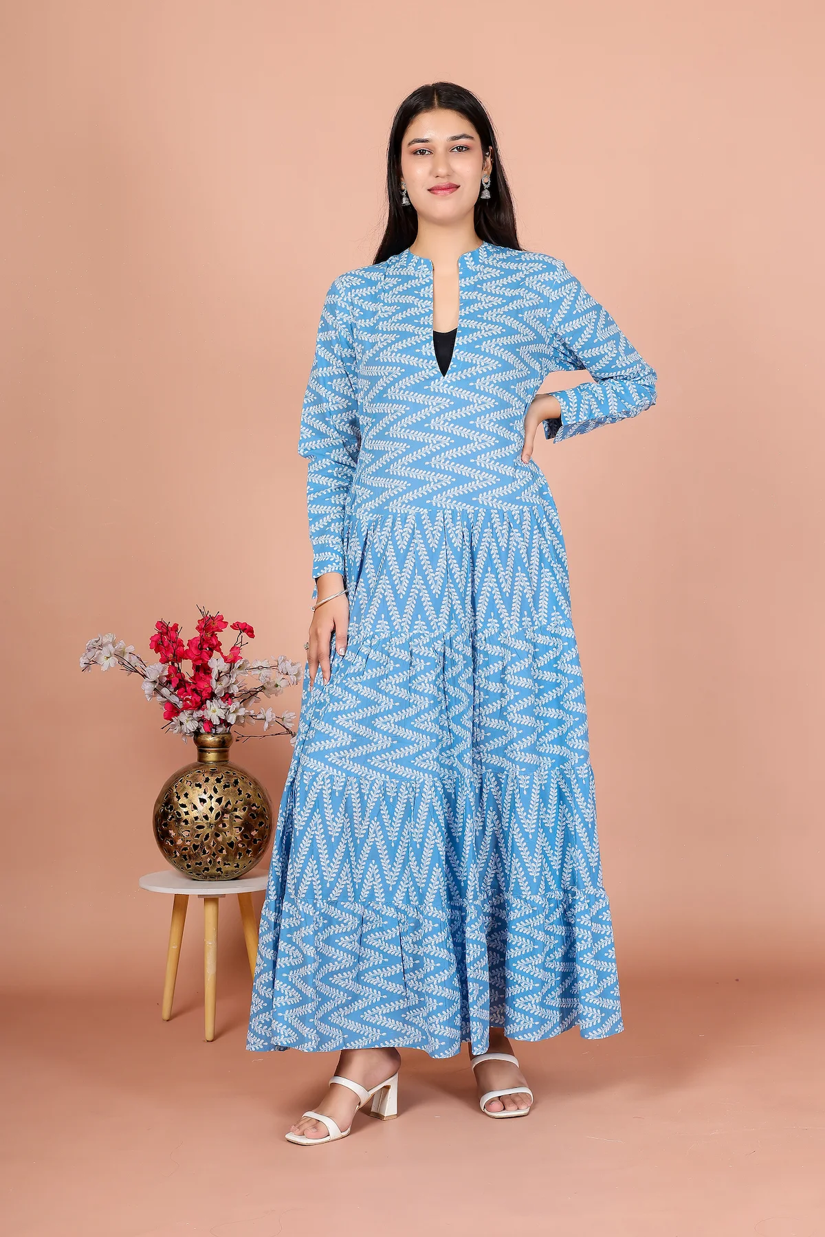 Sky Blue Chevron Zig-Zag Print Empire-Line Dress