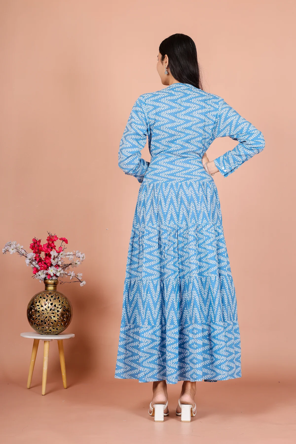 Sky Blue Chevron Zig-Zag Print Empire-Line Dress