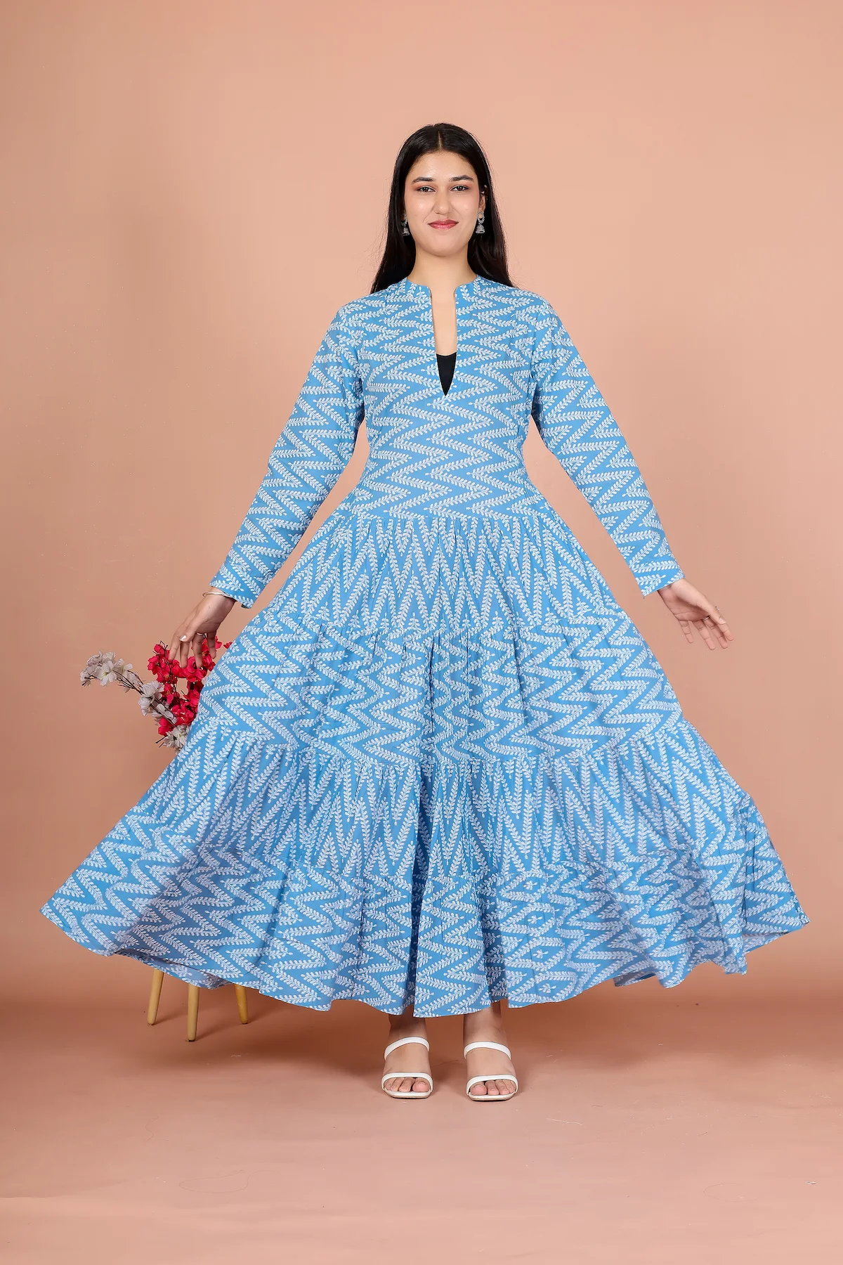 Sky Blue Chevron Zig-Zag Print Empire-Line Dress