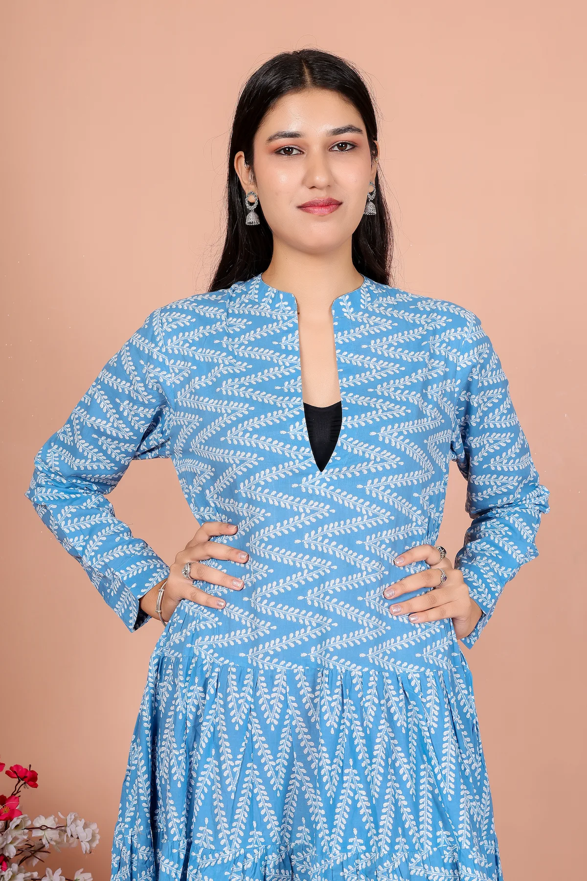 Sky Blue Chevron Zig-Zag Print Empire-Line Dress