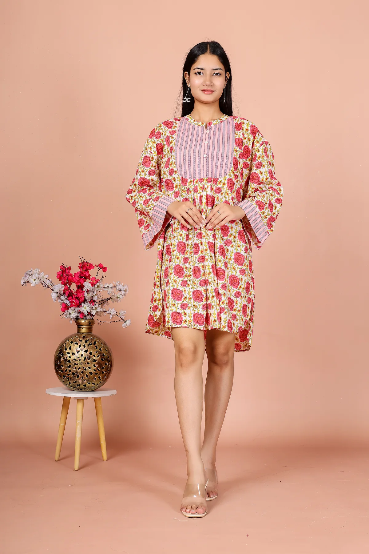 Pink Floral Printed Long Sleeve Mini Dress
