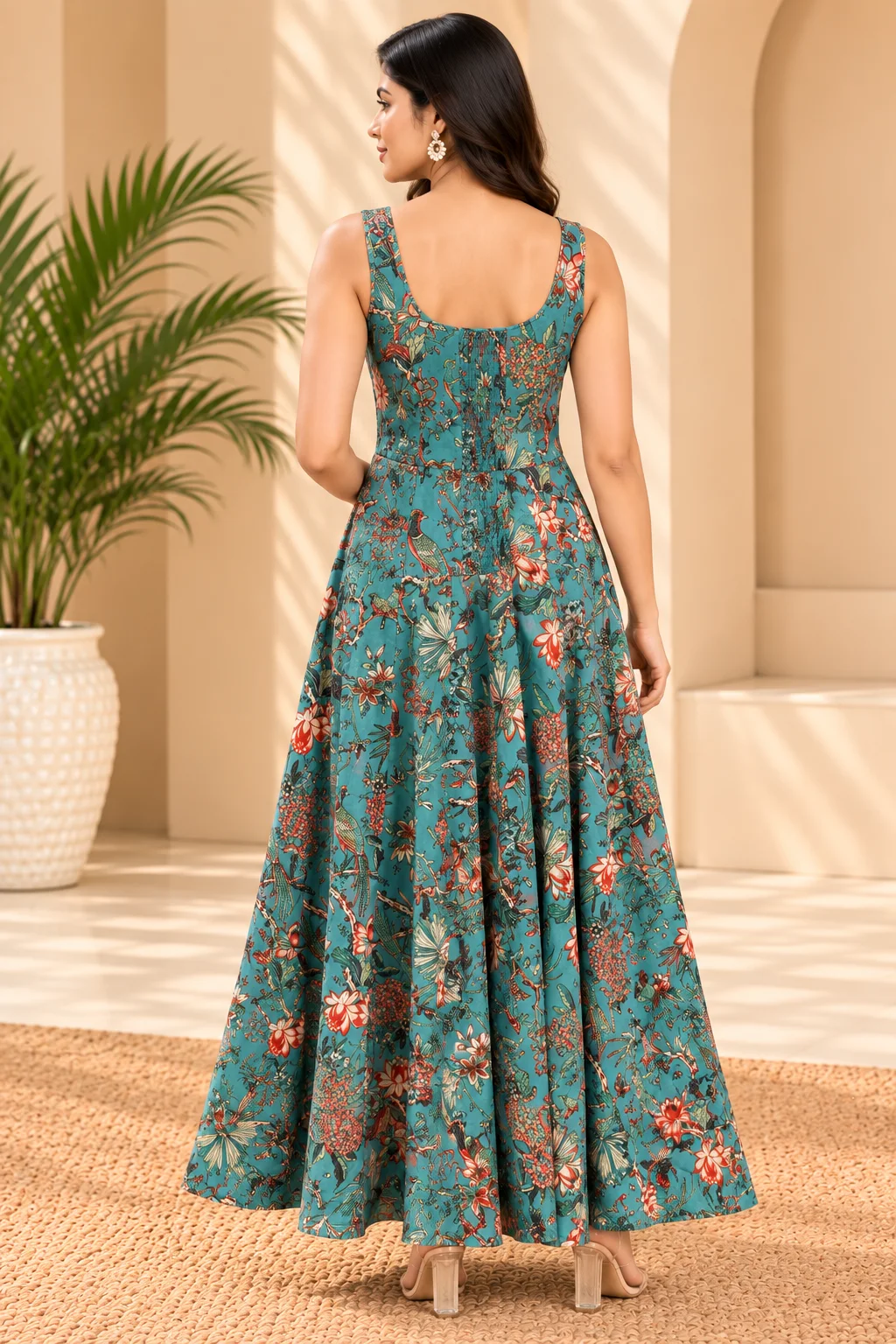 Women’s Teal Blue Maxi Dress  Floral Printed Flared Dress