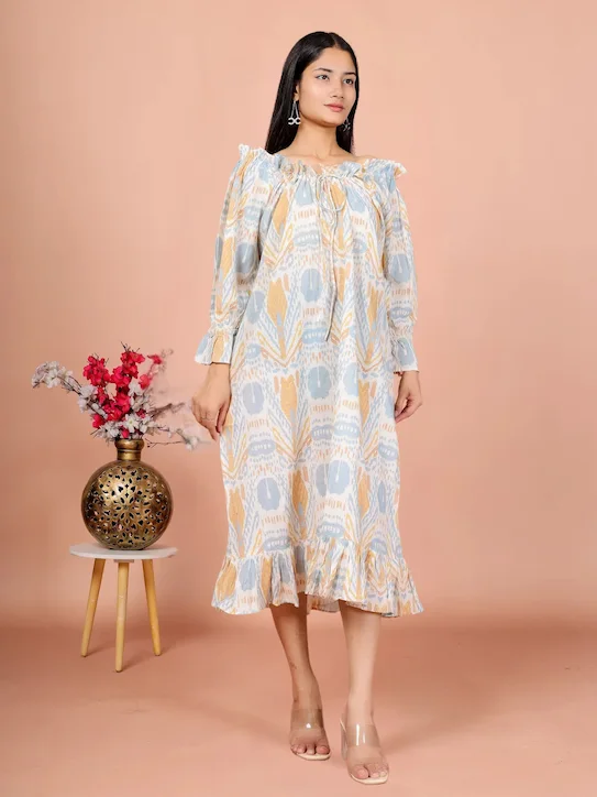 The Pastel Muse – Abstract Printed Ruffle Hem Midi Dress