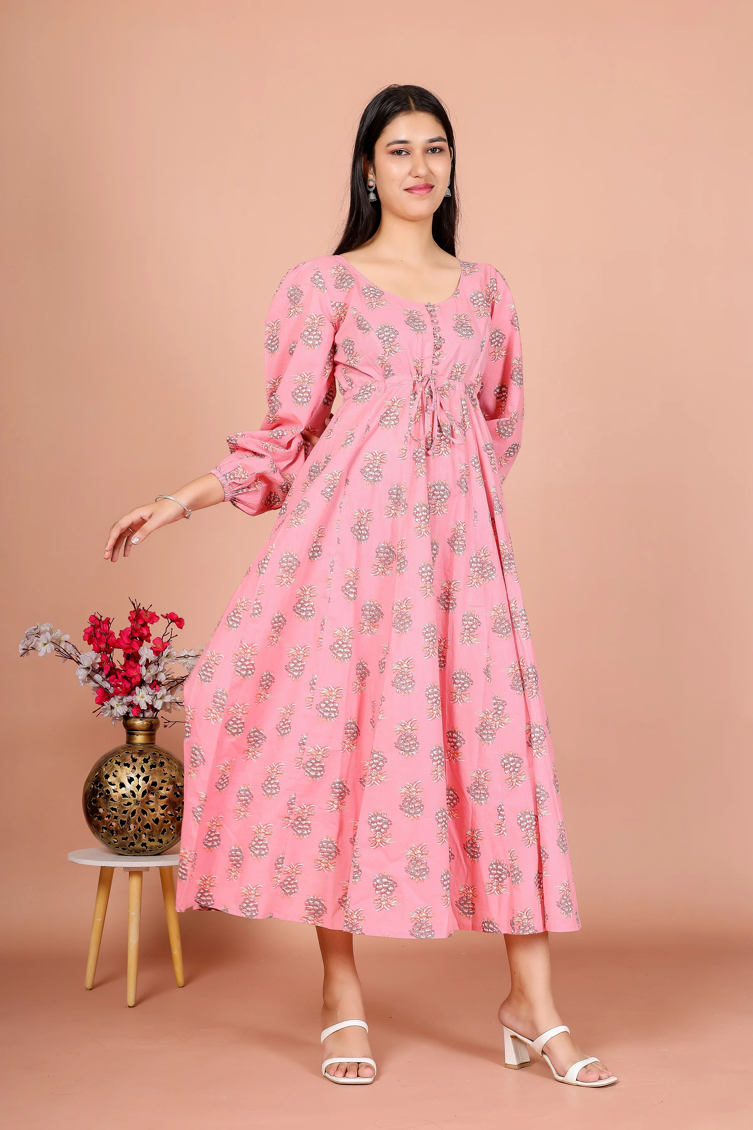 The Pink Blossom – Floral Printed Flared Midi Dress