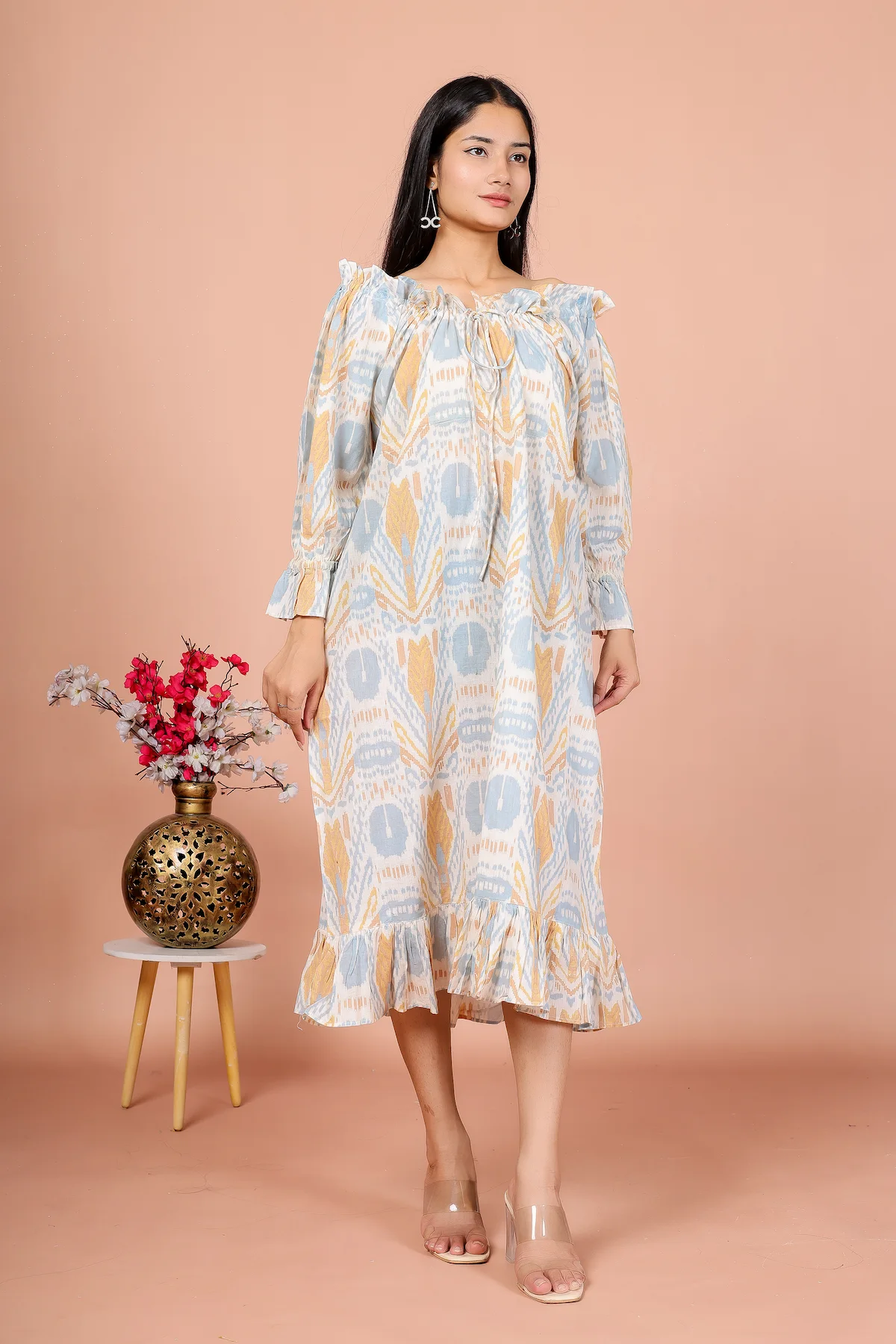 The Pastel Muse – Abstract Printed Ruffle Hem Midi Dress