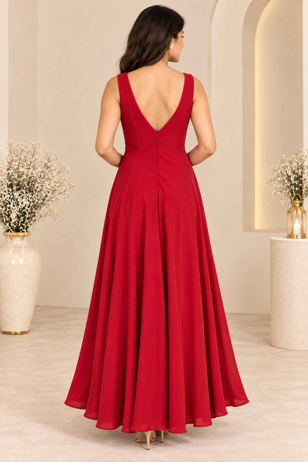 Women’s Red Square Neck Flared Maxi Dress
