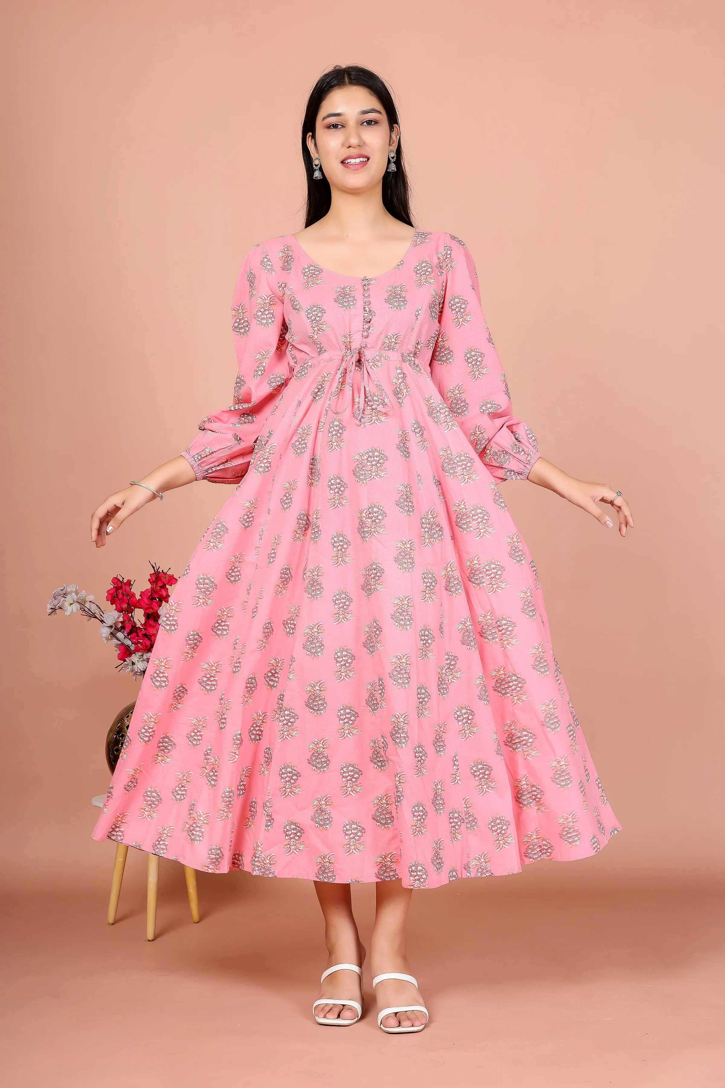 The Pink Blossom – Floral Printed Flared Midi Dress