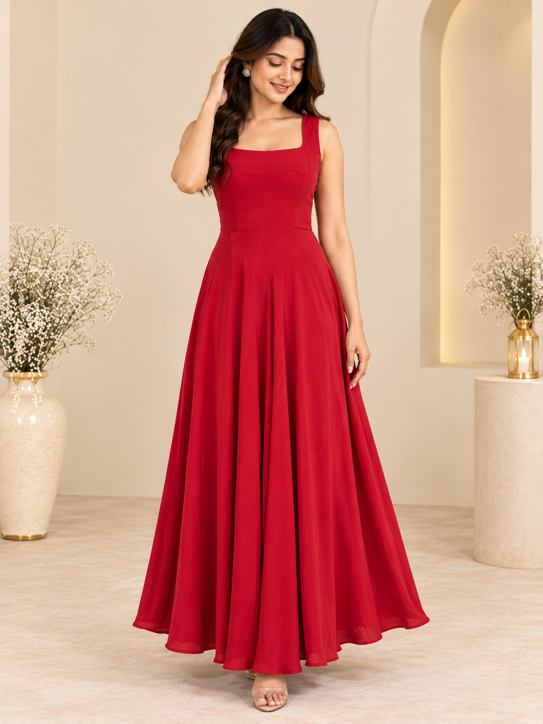 Women’s Red Square Neck Flared Maxi Dress