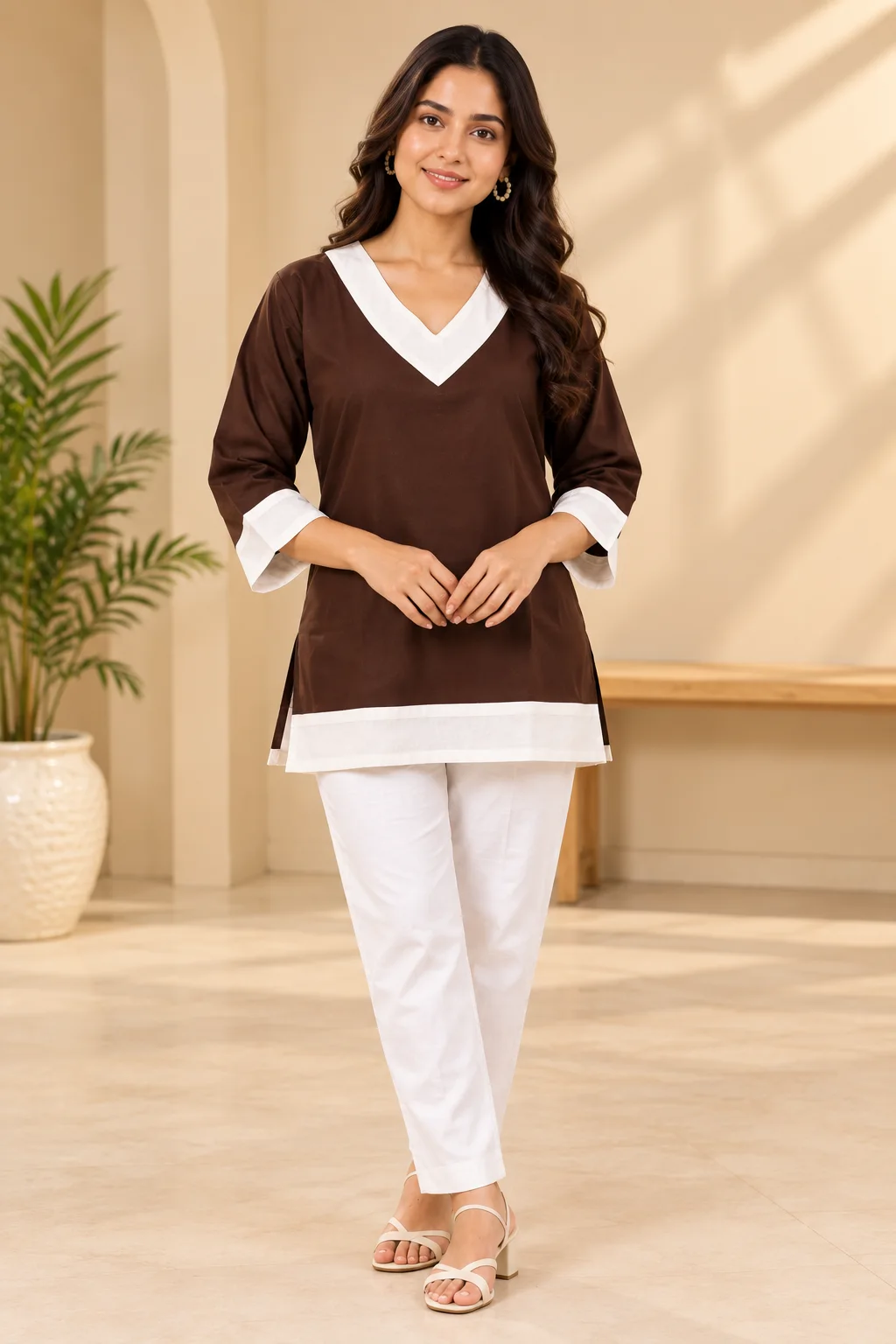 Women’s Brown V-Neck Straight Kurti