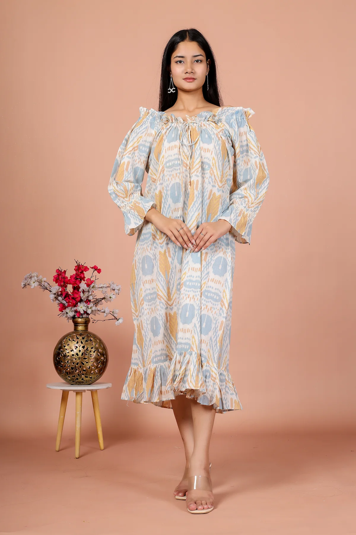 The Pastel Muse – Abstract Printed Ruffle Hem Midi Dress