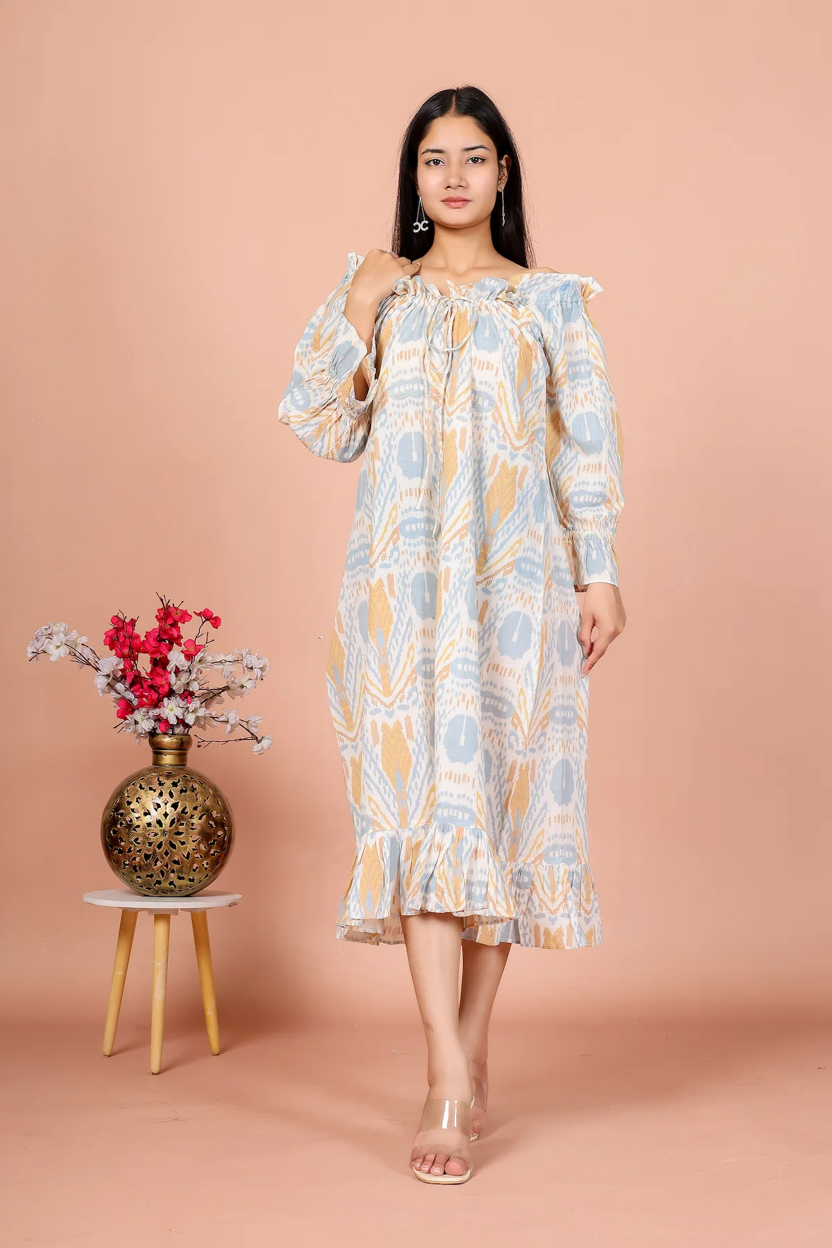 The Pastel Muse – Abstract Printed Ruffle Hem Midi Dress