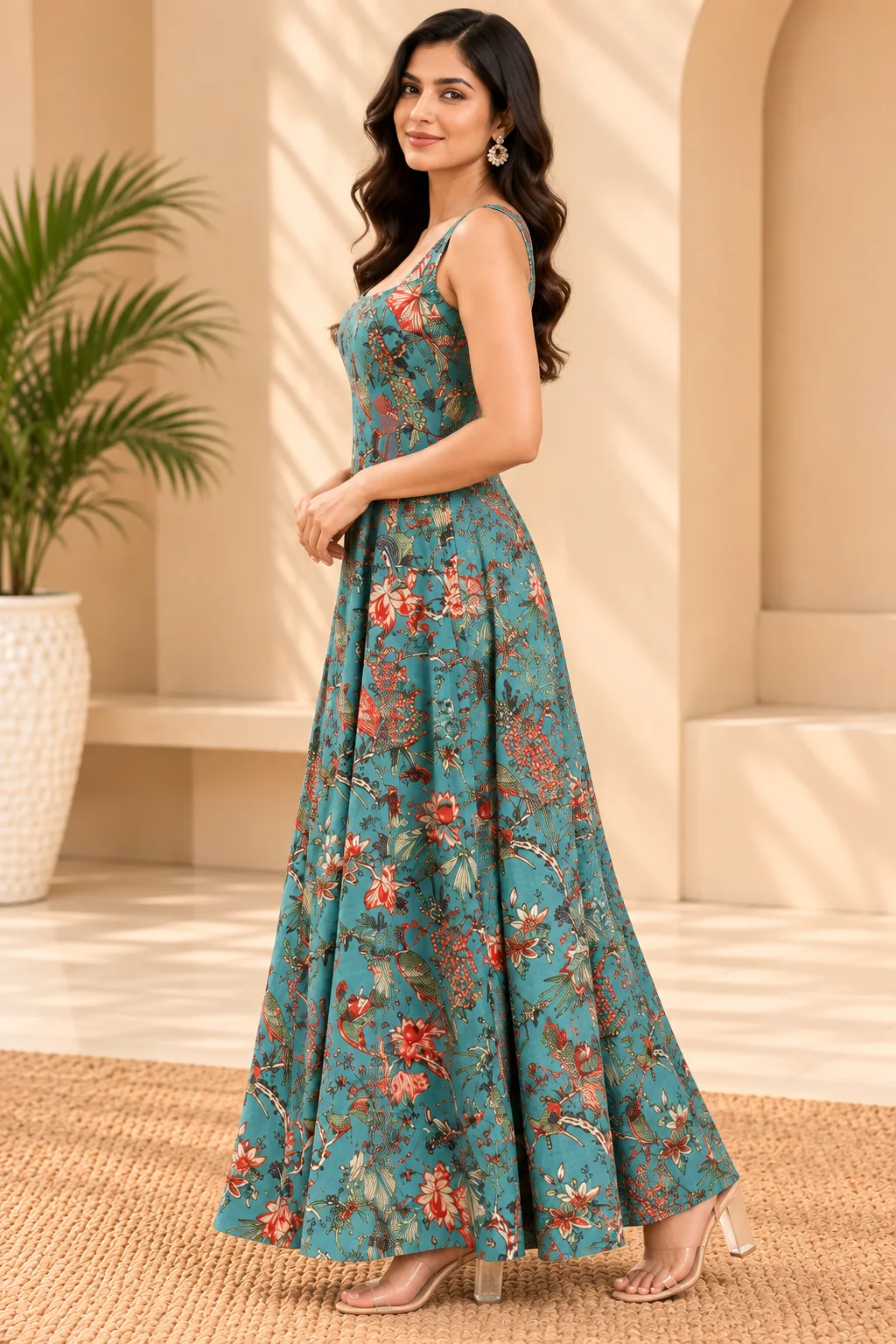 Women’s Teal Blue Maxi Dress  Floral Printed Flared Dress