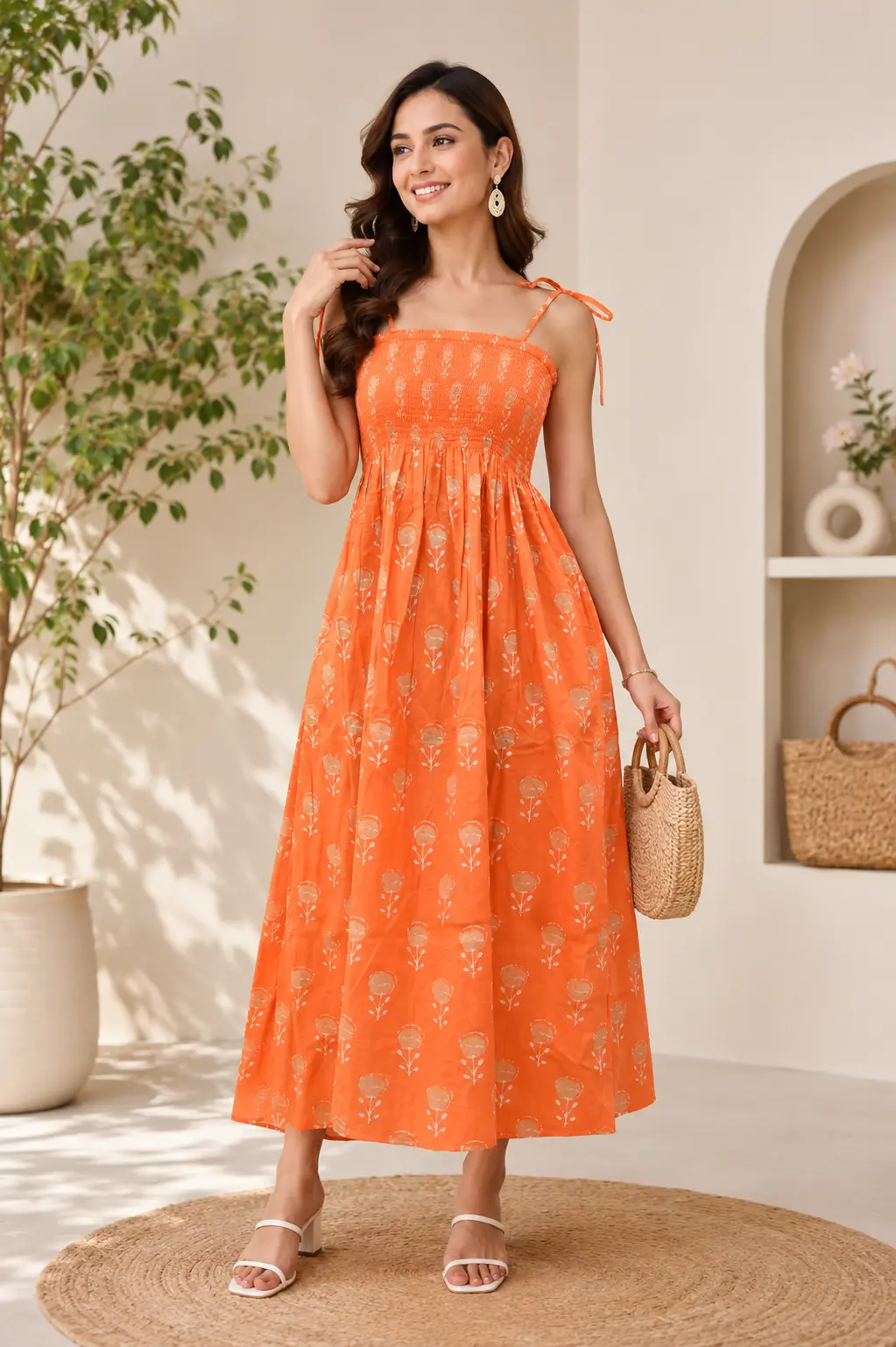 Orange Floral Smocked Maxi Dress