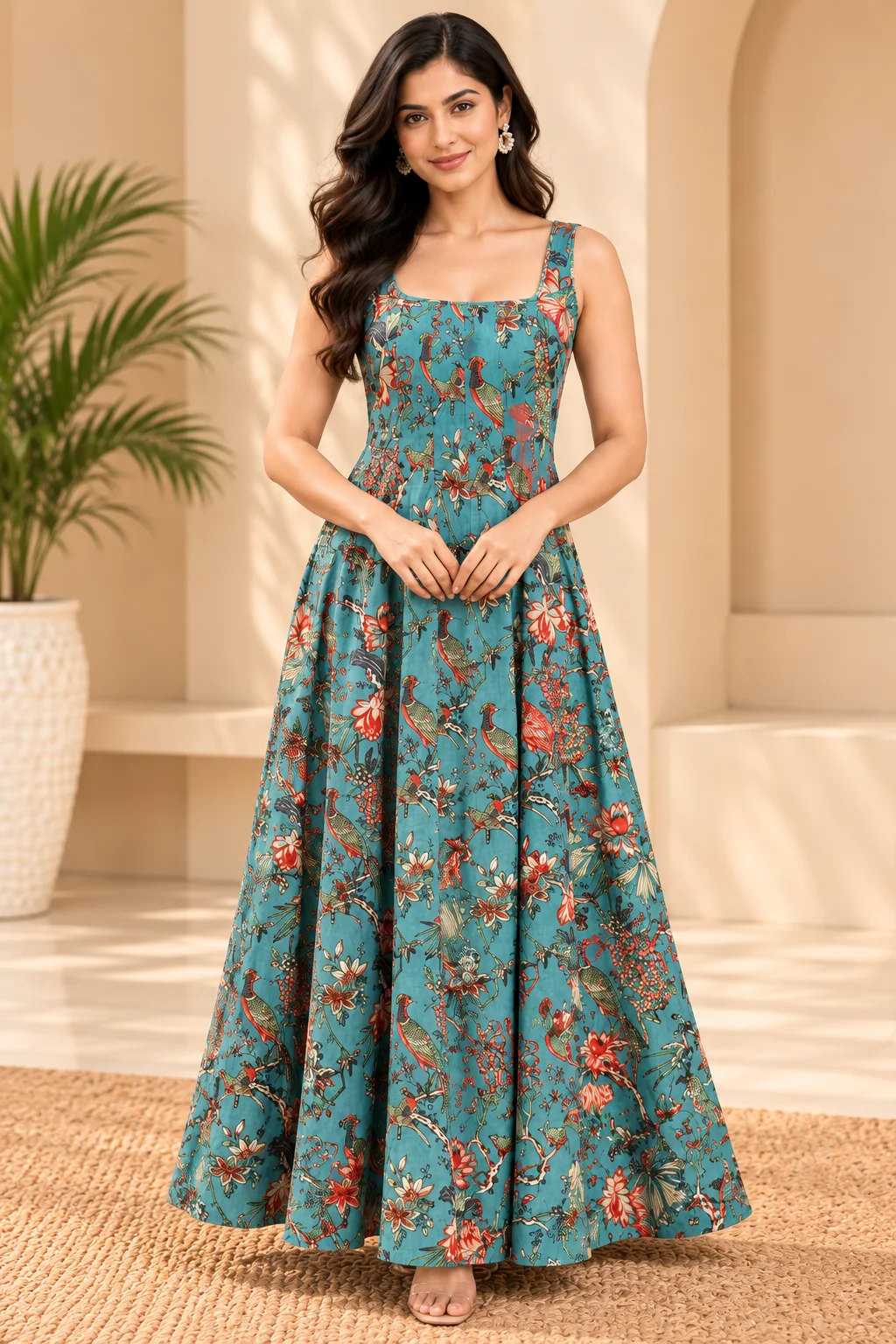 Women’s Teal Blue Maxi Dress  Floral Printed Flared Dress