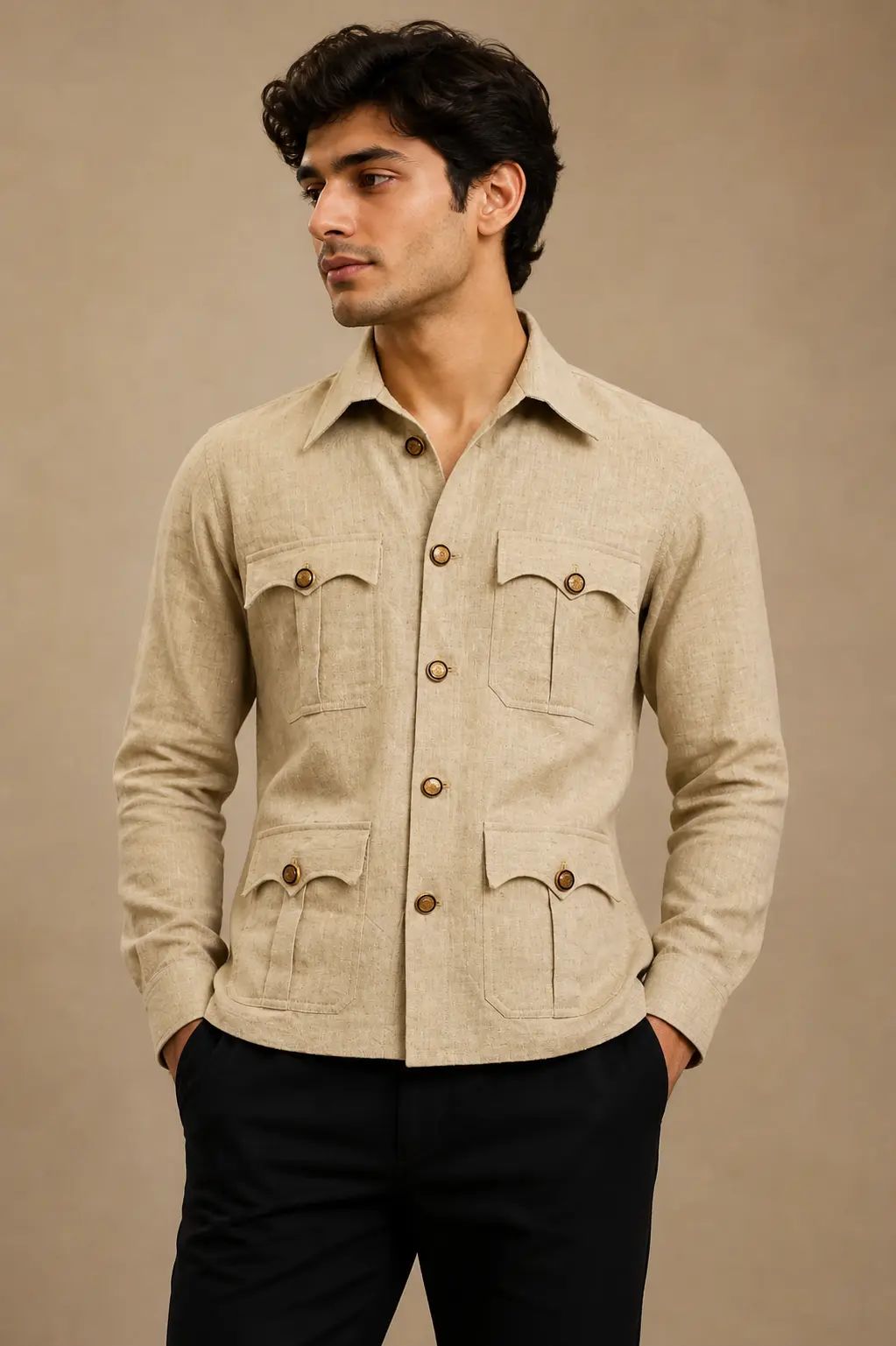Beige Linen Utility Jacket Shirt for Men