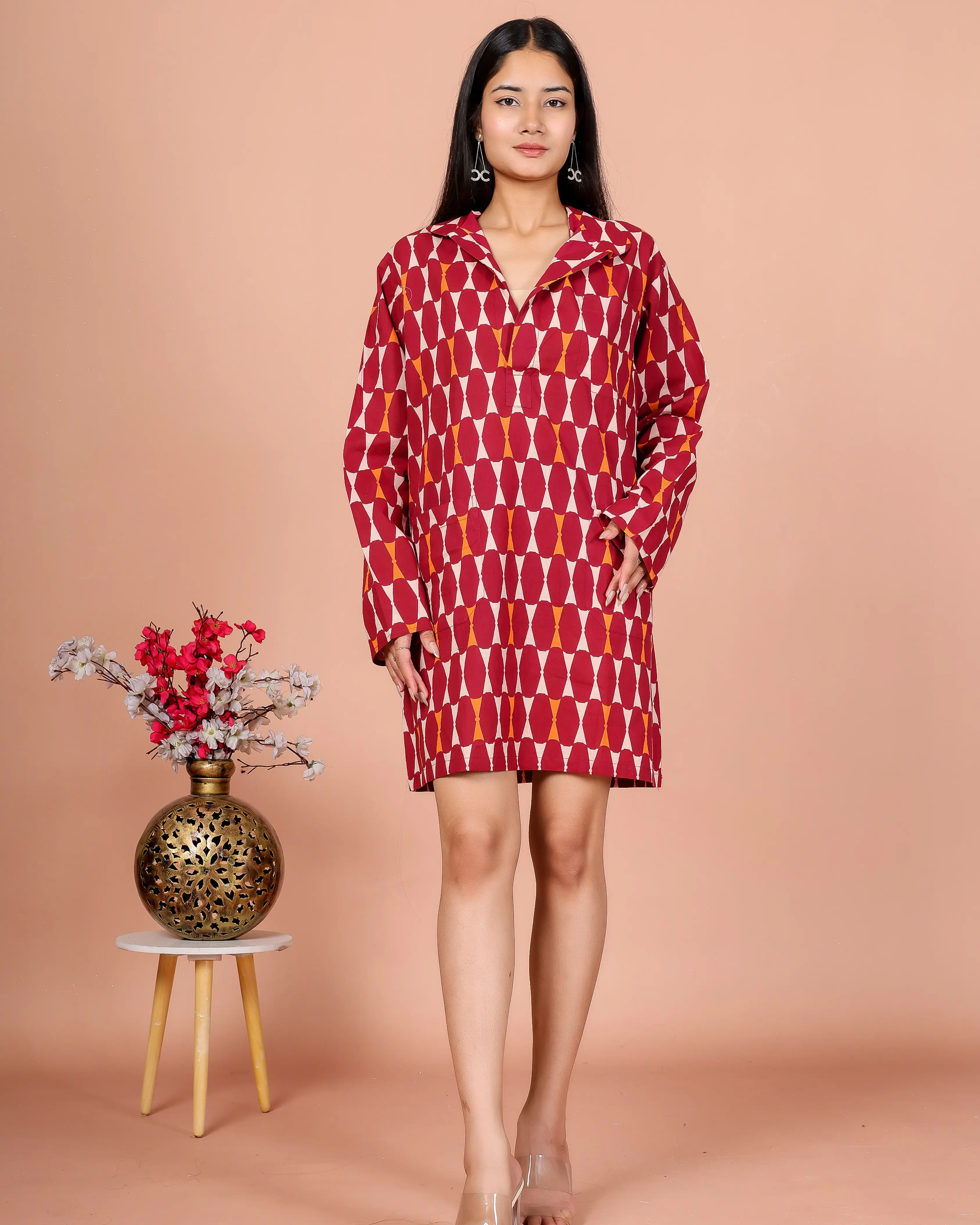 Maroon Abstract Printed Mini Shirt Dress for Women
