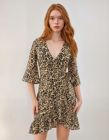 Leopard Print V-Neck Wrap Mini Dress – Women’s Stylish Party Wear
