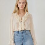 Women’s Cream Ruffle Neck Long Sleeve Blouse – Elegant Casual Top