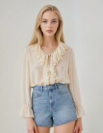 Women’s Cream Ruffle Neck Long Sleeve Blouse – Elegant Casual Top