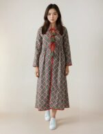 Grey & Red Floral Print Midi Dress with Tassels