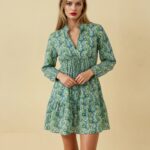 Dark Green Geometric Bell-Sleeve Midi Dress