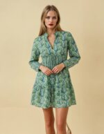 Dark Green Geometric Bell-Sleeve Midi Dress