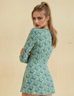 Dark Green Geometric Bell-Sleeve Midi Dress - Image 2
