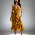 Natalia Mustard Satin Ruffle Midi Dress