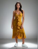 Natalia Mustard Satin Ruffle Midi Dress