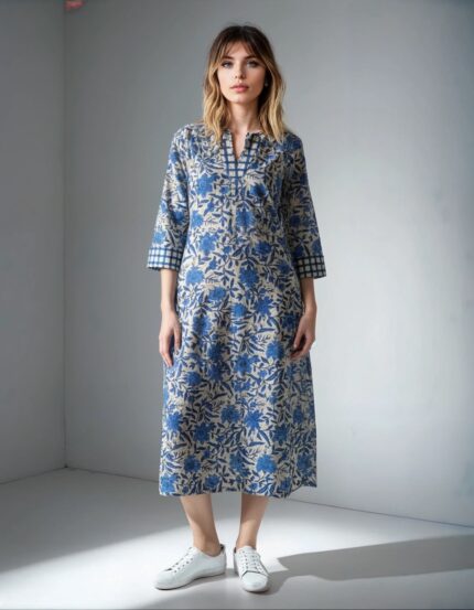 Blue Floral Block Print Midi Dress